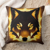 金色の光に照らされたラジアントウルフ顔 クッション (ブランケット)