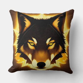 金色の光に照らされたラジアントウルフ顔 クッション