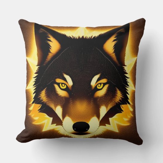 金色の光に照らされたラジアントウルフ顔 クッション (正面)