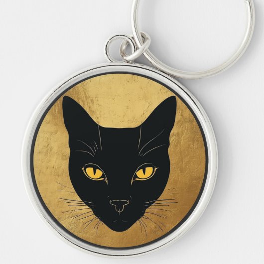 金色の円を背景にした黒猫のシルエット キーホルダー (正面)