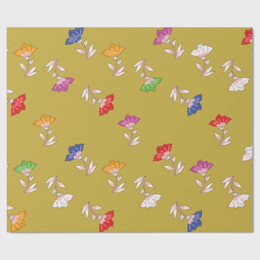 金色の包装紙のカラフルな花柄 ラッピングペーパー (フラット)