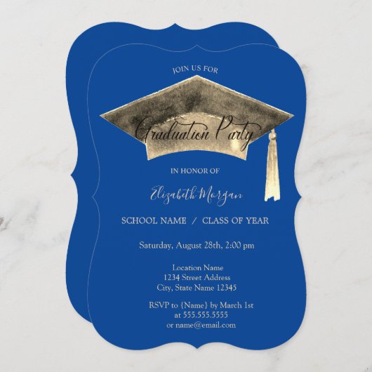 金色の卒業帽のタッセルが青い卒業背景に映える 招待状 (正面/裏面)