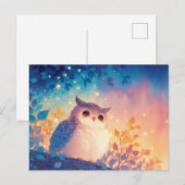 金色の夕焼けの森に佇む幻想的な青いフクロウ ポストカード (正面/裏面)