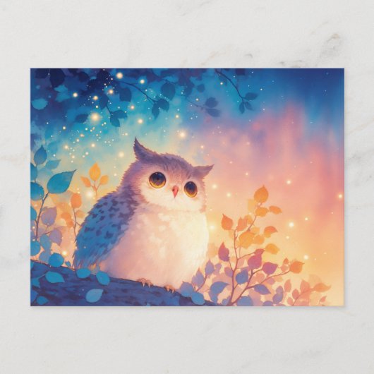 金色の夕焼けの森に佇む幻想的な青いフクロウ ポストカード (正面)