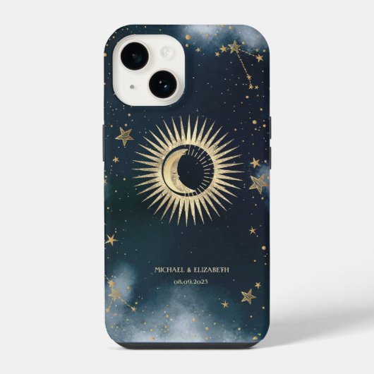 金色の太陽 月 星 夜空 iPhoneケース (裏面)