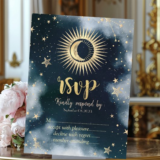 金色の太陽 月 星 夜空 RSVP 招待状