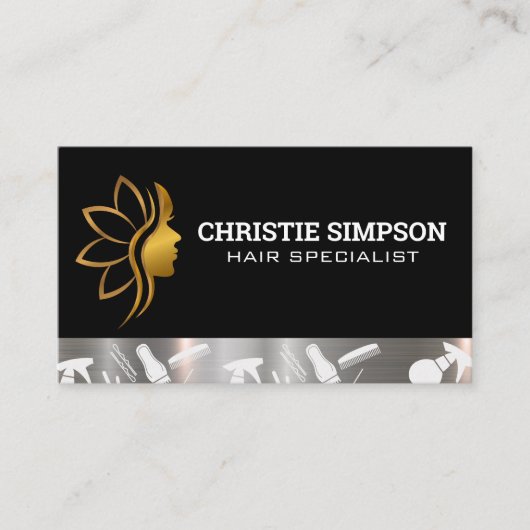 金色の女性のヘアロゴ | 美容師美しい 名刺 (正面)