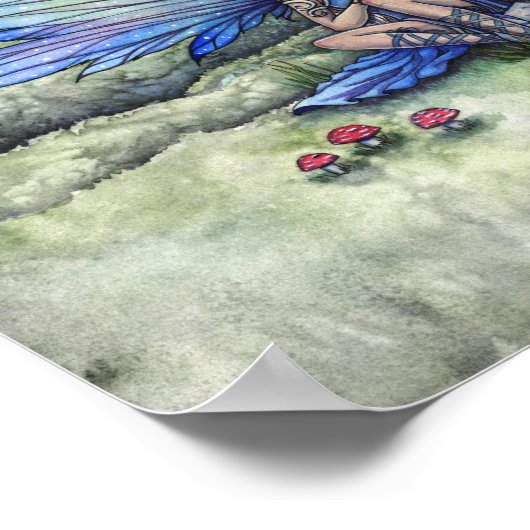 金色の妖精とユニコーンファンタジーアートウォーターカラー ポスター (角)