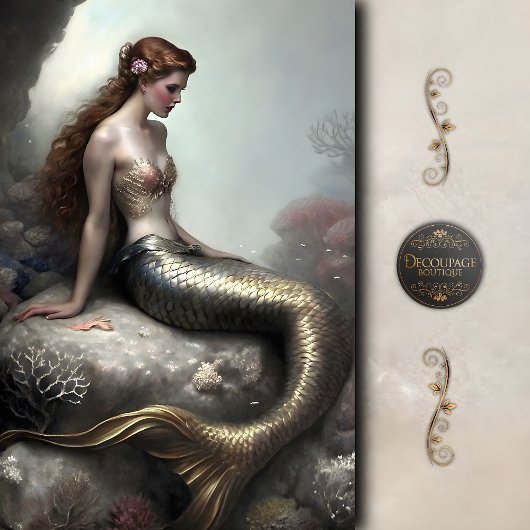 金色の尾を持つ人魚の幻想デコパージュ 薄葉紙