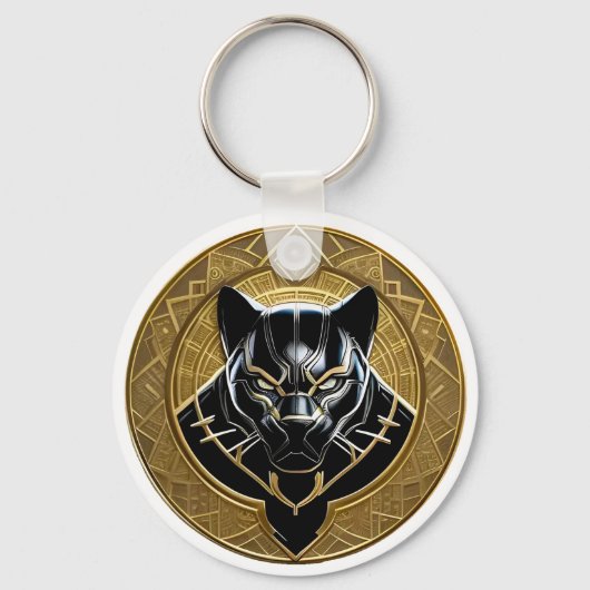 金色の幾何学的な背景を持つ黒いパンサーアイコン キーホルダー (裏面)