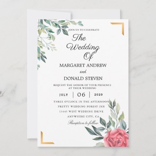 金色の幾何学的フレームを持つ結婚ほこりっぽいフローラI 招待状 (正面)