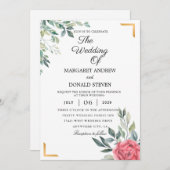 金色の幾何学的フレームを持つ結婚ほこりっぽいフローラI 招待状 (正面/裏面)