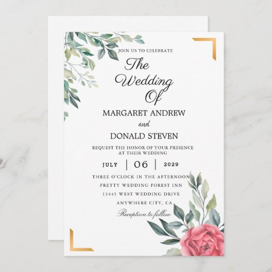 金色の幾何学的フレームを持つ結婚ほこりっぽいフローラI 招待状 (正面/裏面)