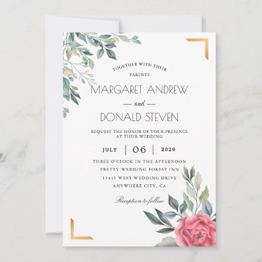 金色の幾何学的枠を持つ塵埃の多い結婚フローラ 招待状 (正面)