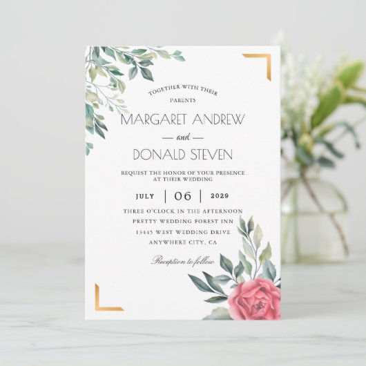 金色の幾何学的枠を持つ塵埃の多い結婚フローラ 招待状 (スタンド正面)