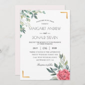 金色の幾何学的枠を持つ塵埃の多い結婚フローラ 招待状 (正面/裏面)