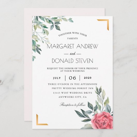 金色の幾何学的枠を持つ塵埃の多い結婚フローラ 招待状 (正面/裏面)