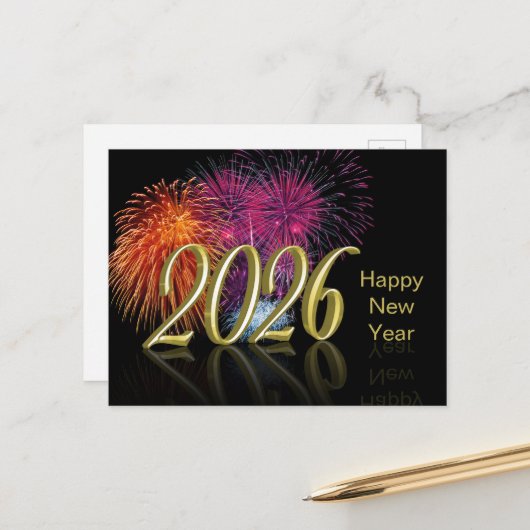 金色の新年お祝い 2026 花火 シーズンポストカード (正面/裏面インサイチュ)