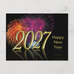 金色の新年お祝い 2027 花火 シーズンポストカード