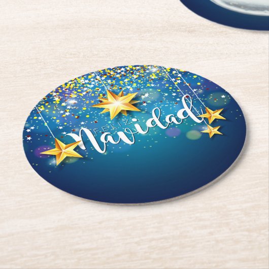 金色の星のFelize Navidadクリスマス ラウンドペーパーコースター (アングル)