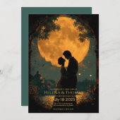 金色の月明かりの中でロマンチックなカップル。 招待状 (正面/裏面)