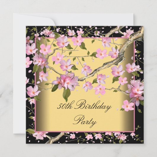 金色の桜の女性の50歳の誕生日パーティー 招待状 (正面)