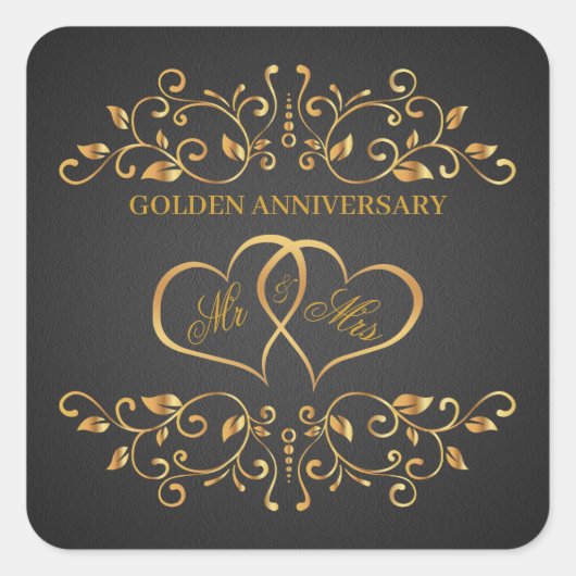 金色の渦巻き、ハートがつながった 50周年記念 スクエアシール (正面)