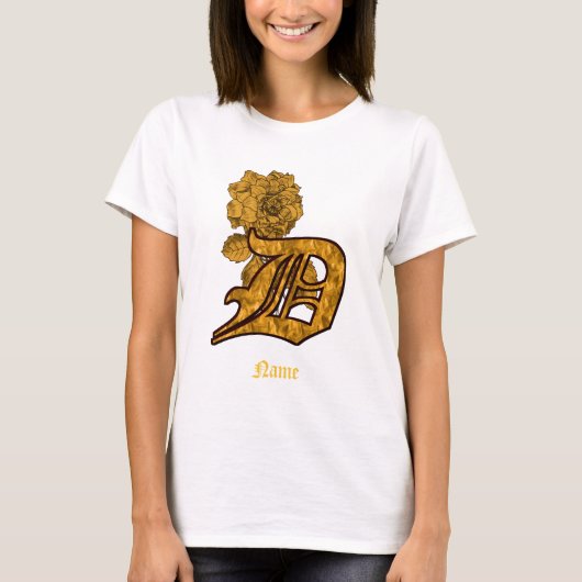 金色の牡丹の花のモノグラムイニシャルD オリジナルデザイン Tシャツ (正面)