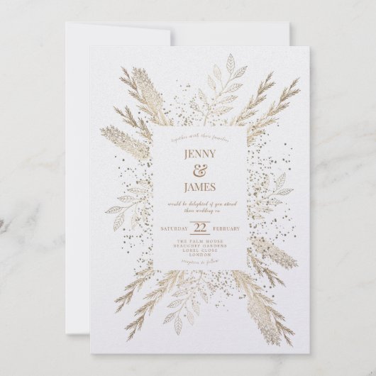 金色の牧草地の白い背景の新しい招待。 シーズンカード (正面)