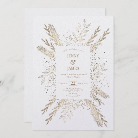 金色の牧草地の白い背景の新しい招待。 シーズンカード (正面/裏面)