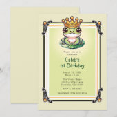 金色の王冠をかぶったプリンス・フロッグの1歳誕生日パーティー 招待状 (正面/裏面)