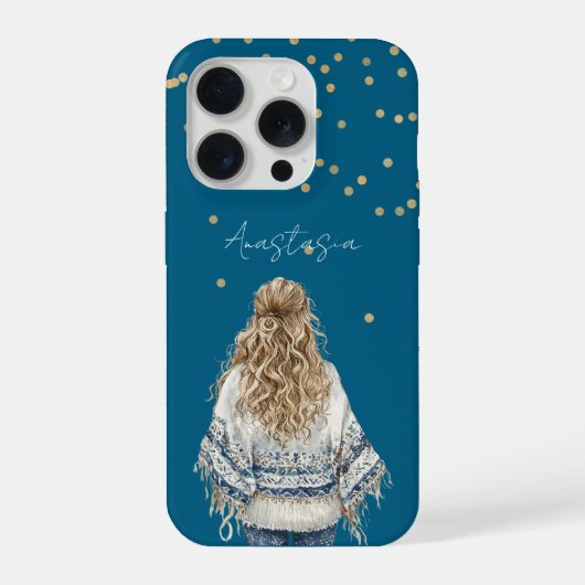 金色の紙吹雪+ブルースウェット+ブロンドの女の子 iPhoneケース (裏面)