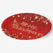 金色の紙吹雪、赤メリークリスマス ペーパープレート (アングル)