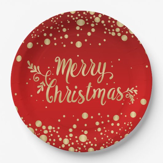 金色の紙吹雪、赤メリークリスマス ペーパープレート (正面)