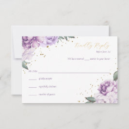 金色の紫の花の飾りが付いたキンセアニエラ 誕生日 返信カード 招待状