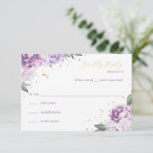 金色の紫の花の飾りが付いたキンセアニエラ 誕生日 返信カード 招待状 (スタンド正面)