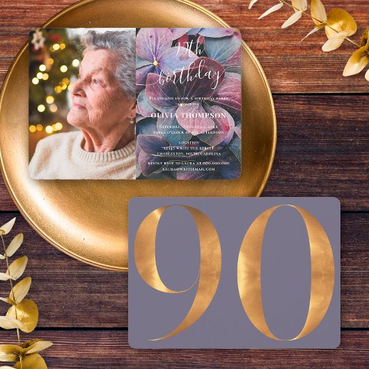 金色の紫陽花の90歳の誕生日フォト 招待状