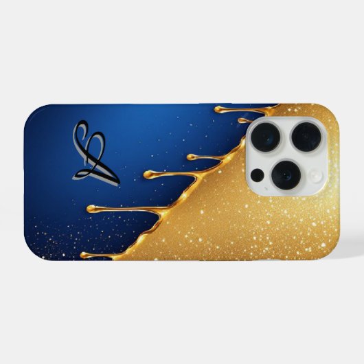 金色の絵具が深い青色の背景に滴る iPhoneケース (裏面横)