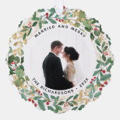 金色の緑の白 |と結婚した写メリー真 オーナメントカード (正面)