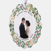 金色の緑の白 |と結婚した写メリー真 オーナメントカード (左)