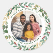 金色の緑の白 |リースと写真のクリスマス ラウンドシール (正面)