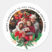 金色の緑の白 |リースと写真のクリスマス ラウンドシール (正面)