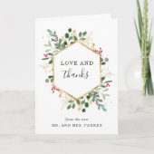 金色の緑の白 |写真の結婚クリスマス サンキューカード (正面)