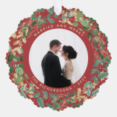 金色の緑の赤 |と結婚した写メリー真 オーナメントカード (正面)