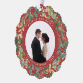 金色の緑の赤 |と結婚した写メリー真 オーナメントカード (左)