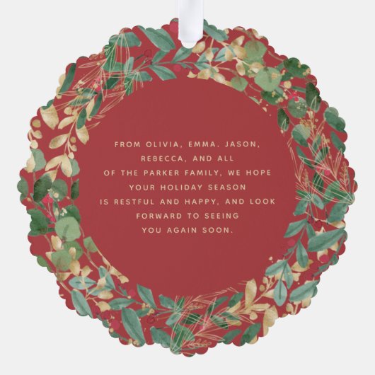 金色の緑の赤 |家族写真クリスマス オーナメントカード (裏面)