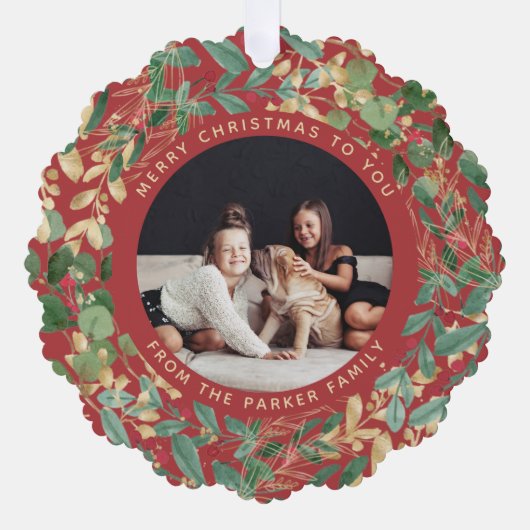 金色の緑の赤 |家族写真クリスマス オーナメントカード (正面)