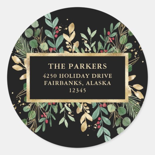 金色の緑の黒 |クリスマス差出人住所 ラウンドシール (正面)