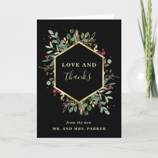 金色の緑の黒 |写真の結婚クリスマス サンキューカード (正面)