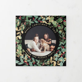金色の緑の黒 |写真数々ののクリスマス 三つ折りクリスマスカード